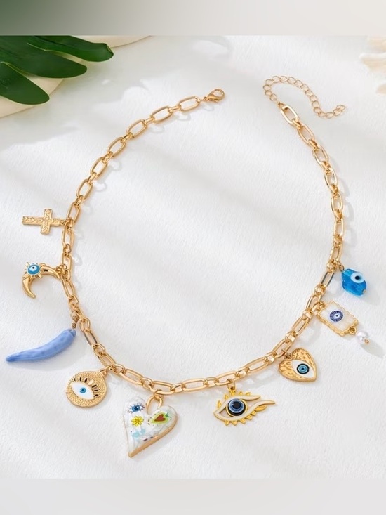 Anthropologie Jewelry - NEW! Gold Tone Charm Necklace with Blue Evil Eye and Heart Pendant 🧿💙 A0-23